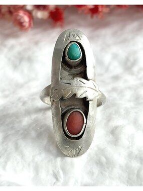 Navajo Turquoise & Coral Shadowbox SW Sterling Silver 925 Vintage Ring - sz 6.5